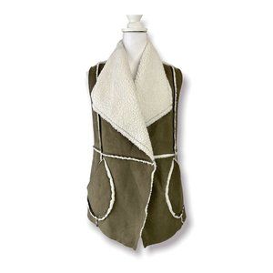 Caslon Faux Shearling Suede Reversible Vest Drape Lapel Olive Green Ivory, Sz XS